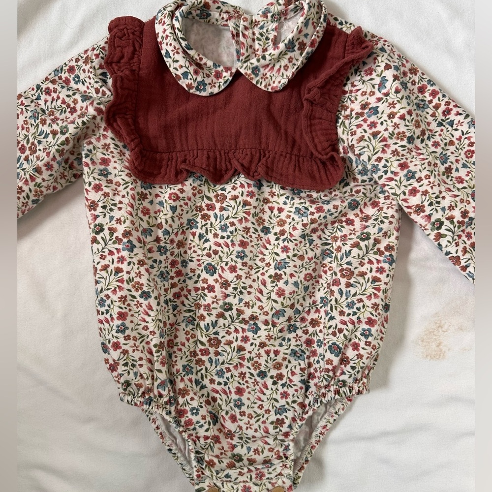 Baby Girls Floral One-Piece with Burgundy Bib Collar